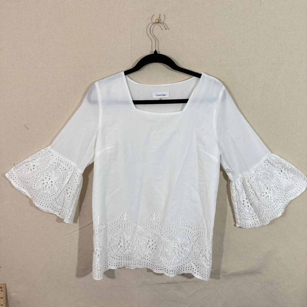 Calvin Klein White Eyelet Lace Bell Sleeve Blouse Top Cotton Size M